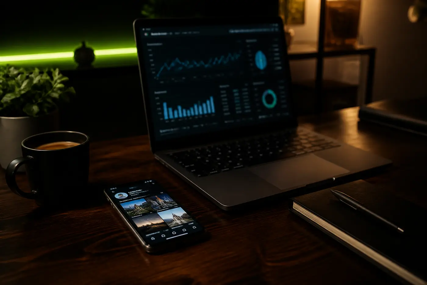 Desk with phone and growth analytics