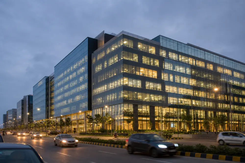 Office campus at dusk